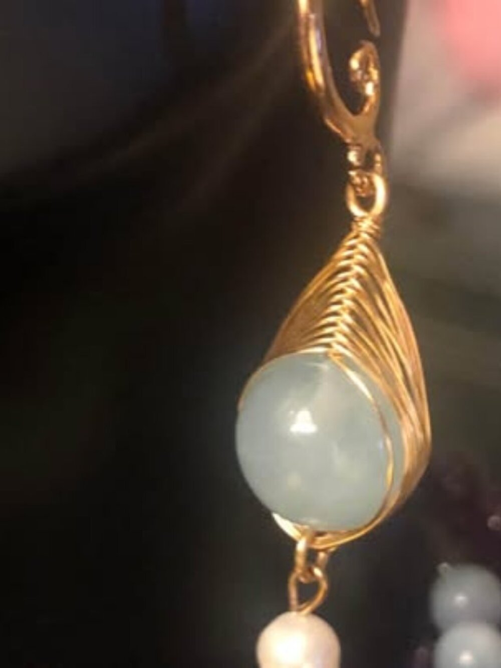 14K Gold Filled Natural Aquamarine Wire-Wrapped Pearl Drop Earrings